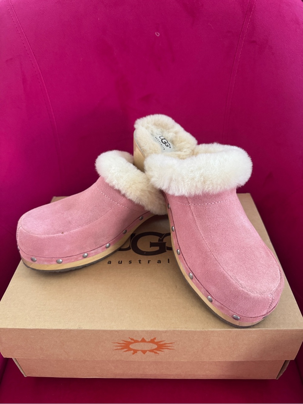 UGG Women's Pink Shearling Clog Mules Y2K NWB